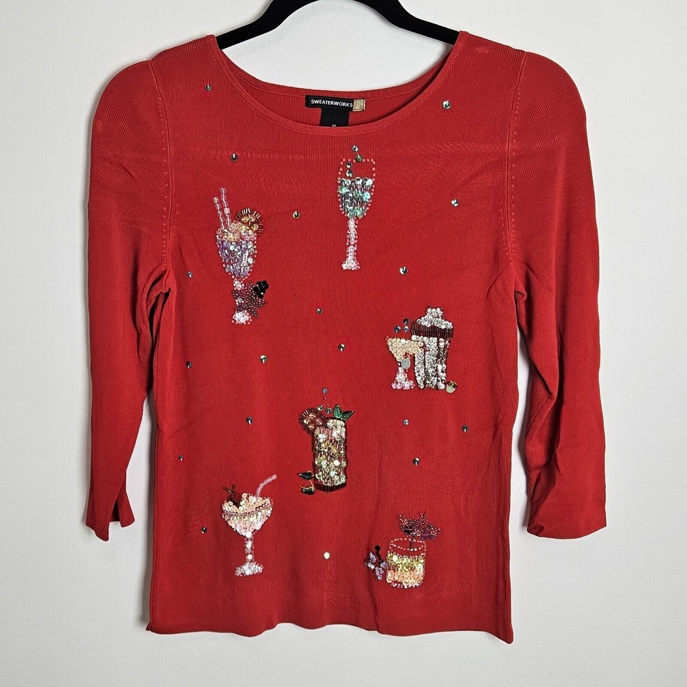 Sweaterworks Women's Size M Embellished Top Beaded Cocktail Tropical Red Blouse